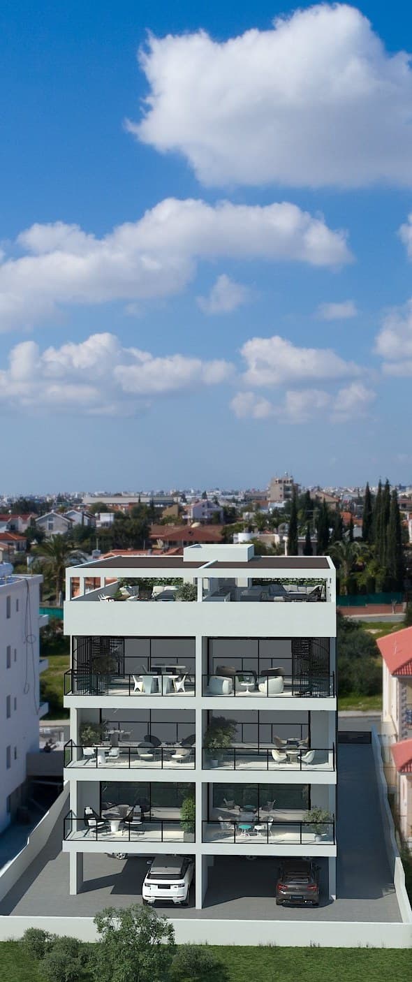 The Simplicity 1 residence from the air, Limassol behind