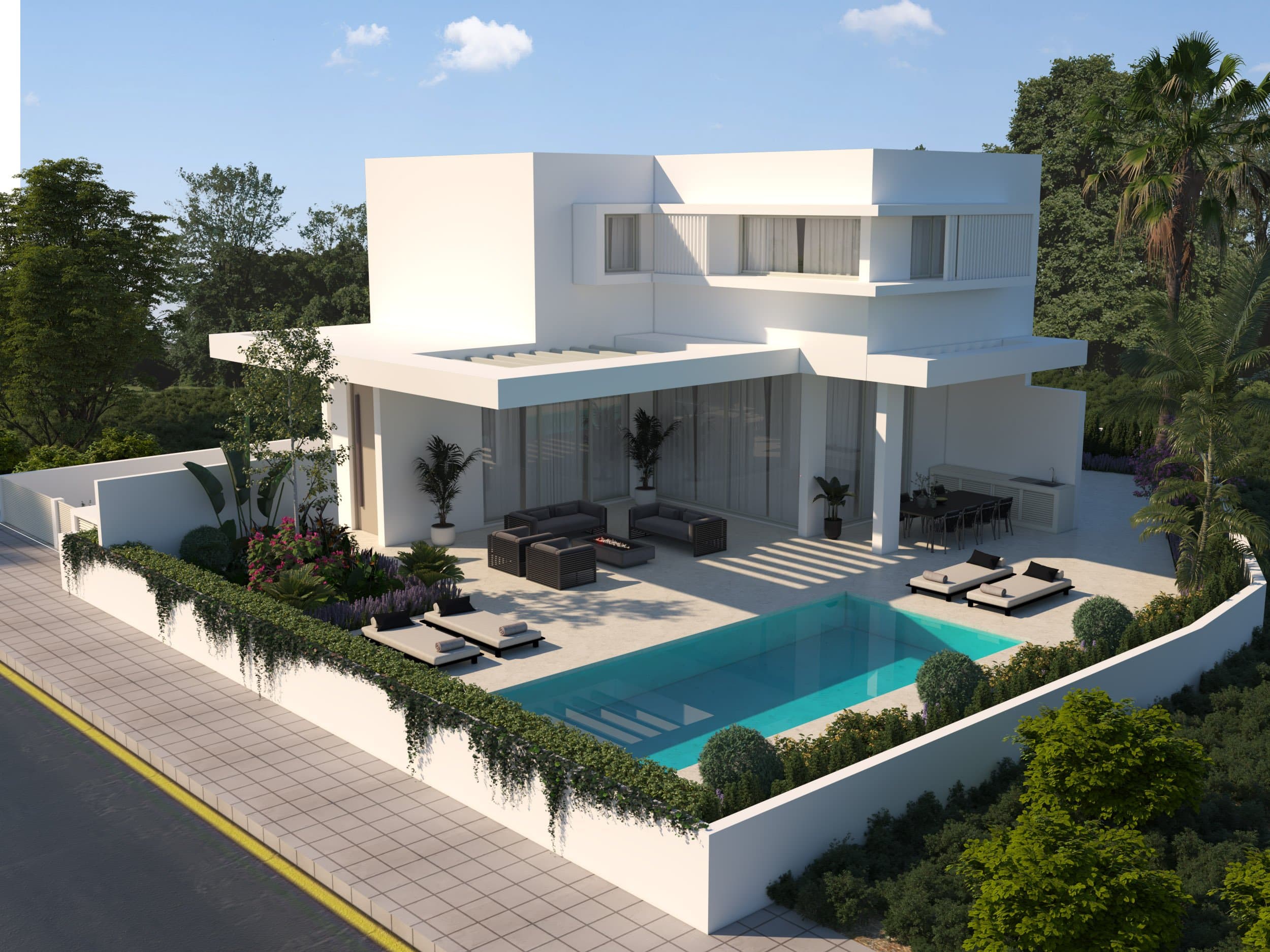 Drawing of a Simplicity 4 villa and its pool from above