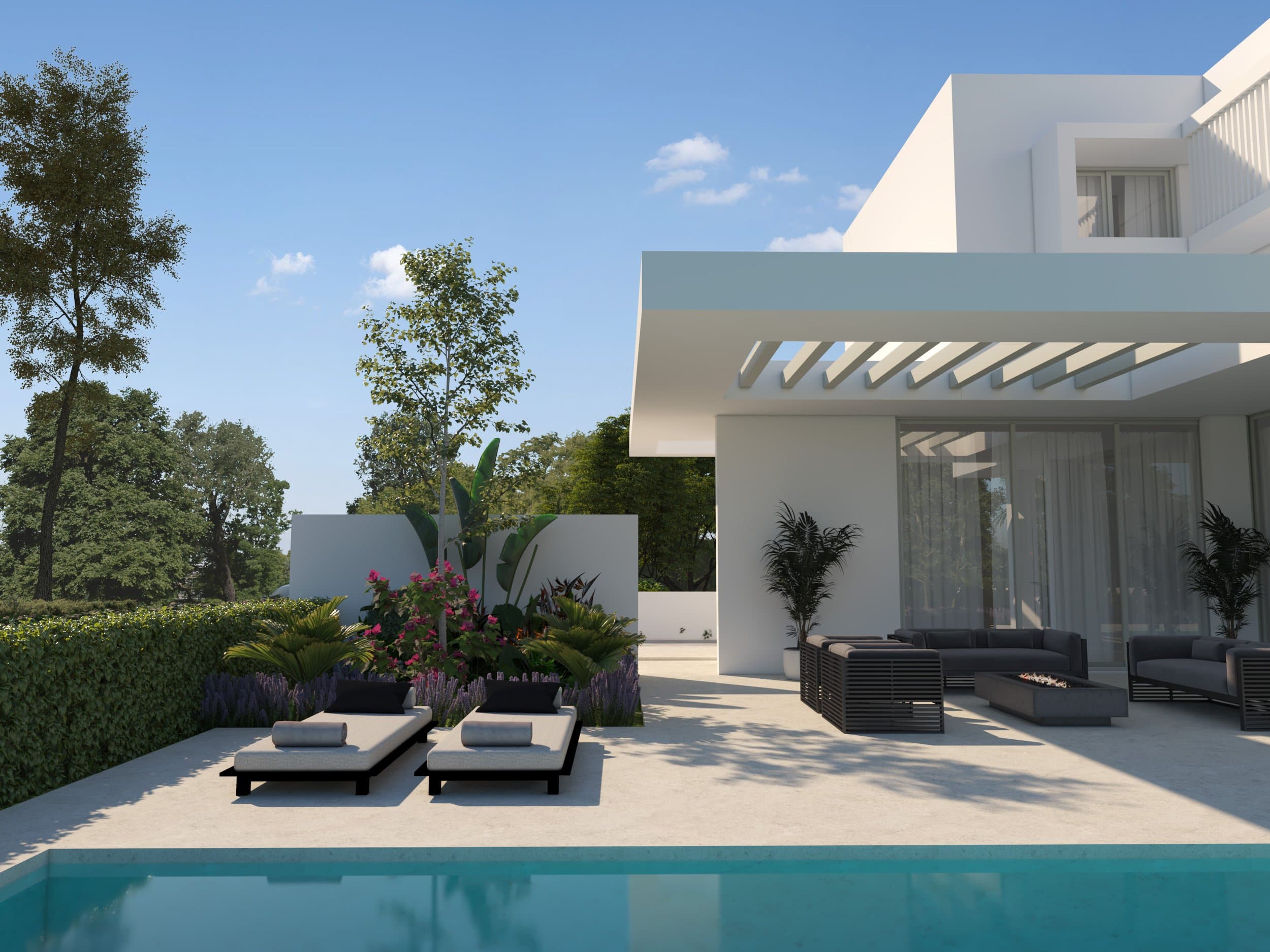 Drawing of the pool terrace of a Simplicity 4 villa