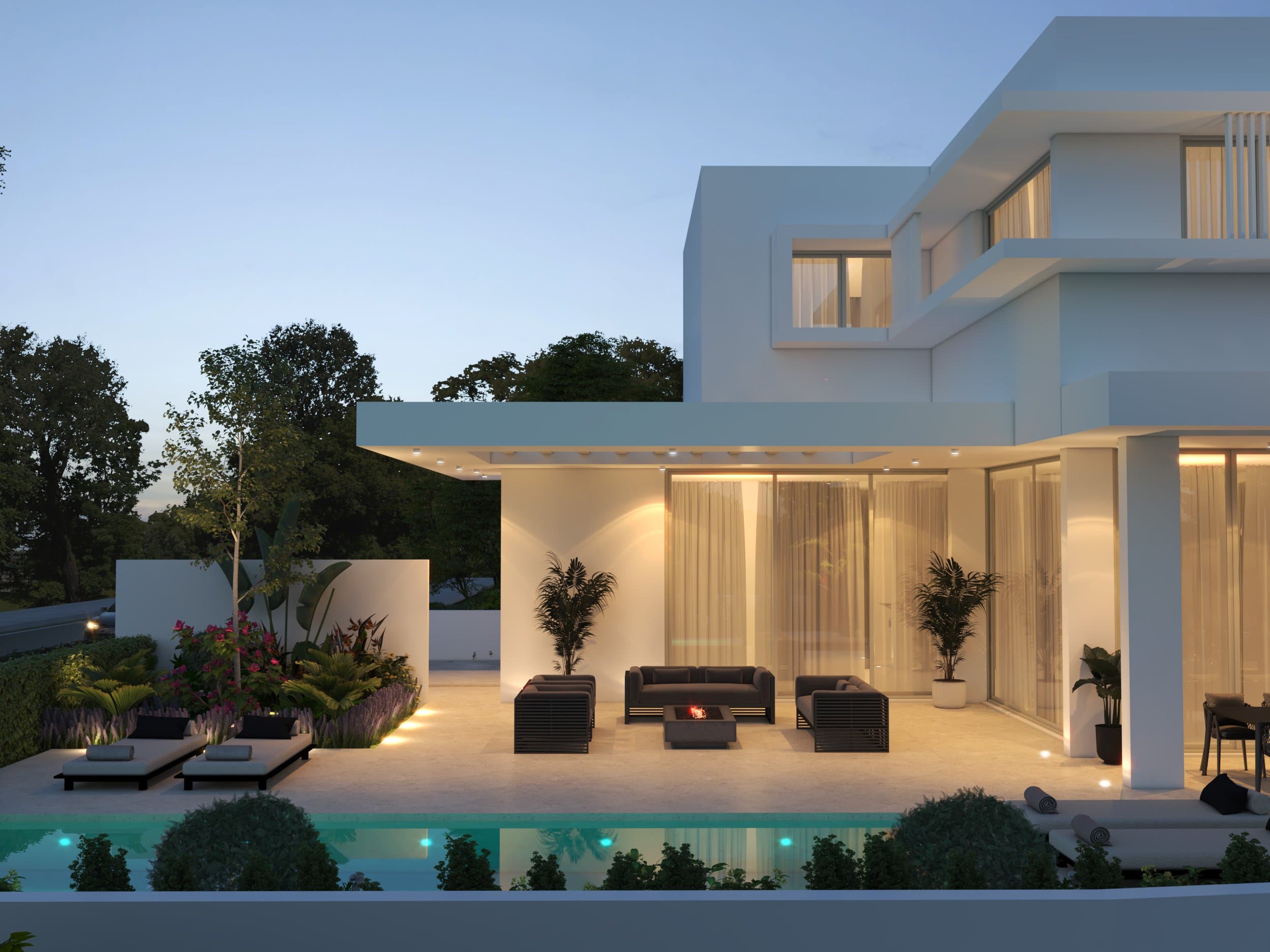 The architects' drawing of a Simplicity 4 villa at twilight, pool lit