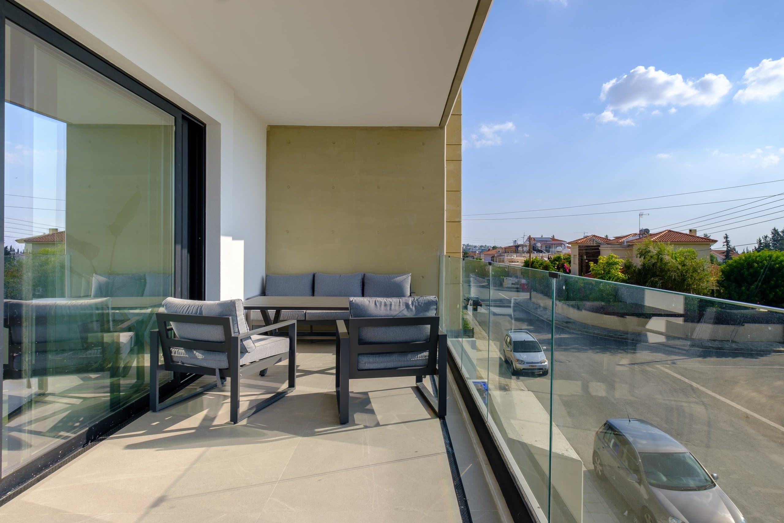 Photograph of a delivered Simplicity 2 balcony lounge with view