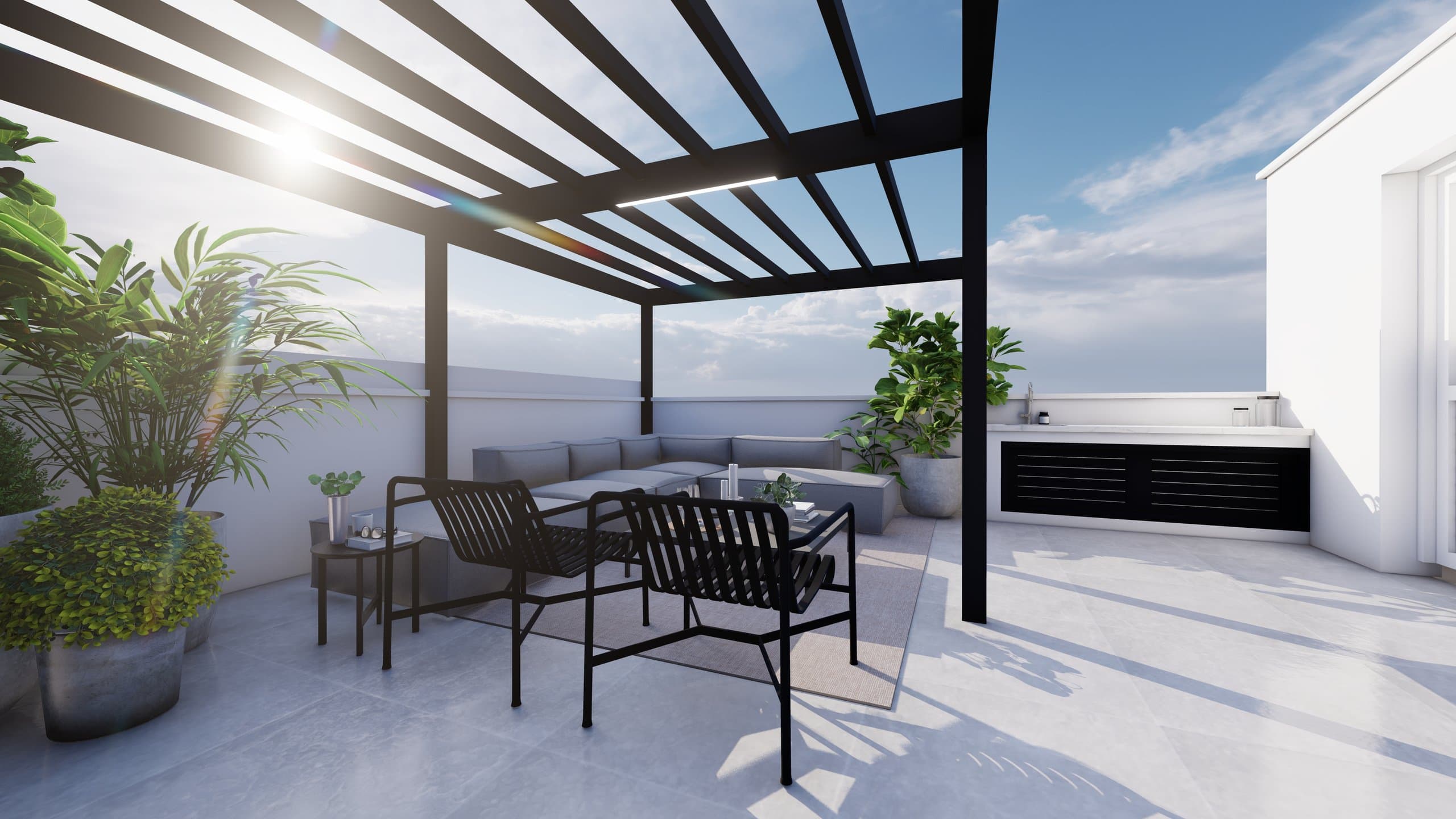 Drawing of the Simplicity 3 roof garden, black pergola against the sky