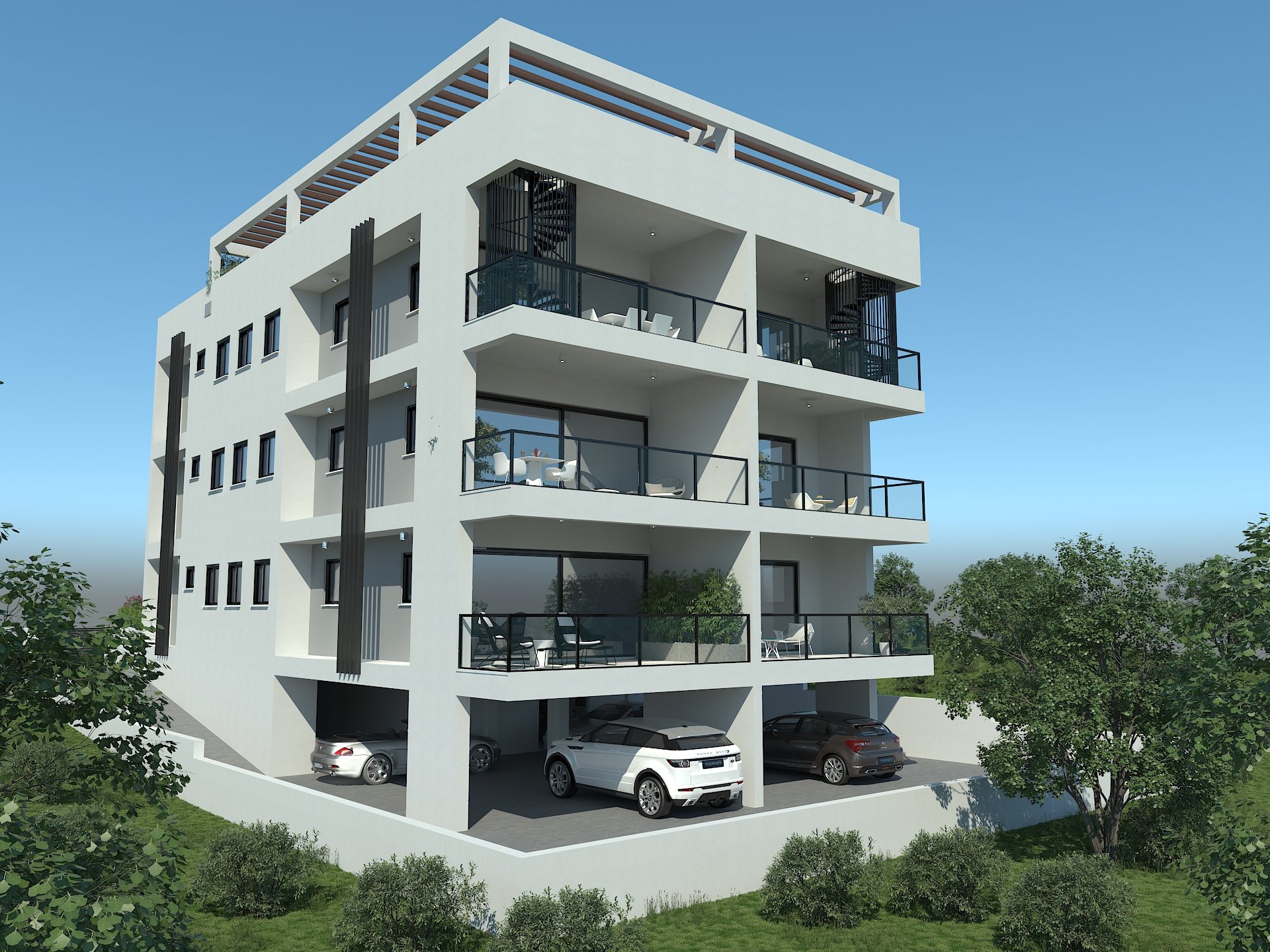 The architects' visualisation of the same corner, drawn before construction